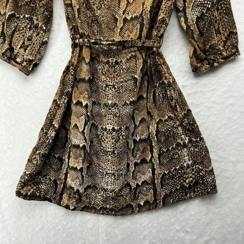 H&M Mini Dress Women's Sz 4 Brown Snake Print 3/4 Sleeve Scoop Neck Tie Waist - Picture 11 of 11